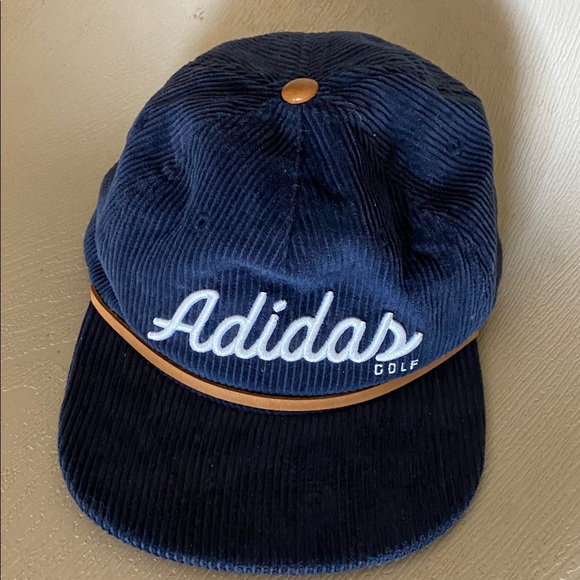adidas Other - Adidas Golf Slideback Leather Cord Corduroy Hat Navy Blue OSFM Embroidered New